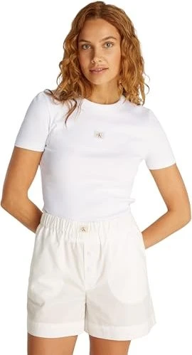 Calvin Klein Woven Label Rib Slim Fit T-Shirt kurzarm brilliant white (Damen)