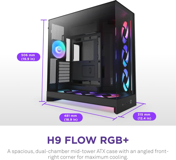 NZXT H9 Flow RGB+ [2025] Black, schwarz, Glasfenster