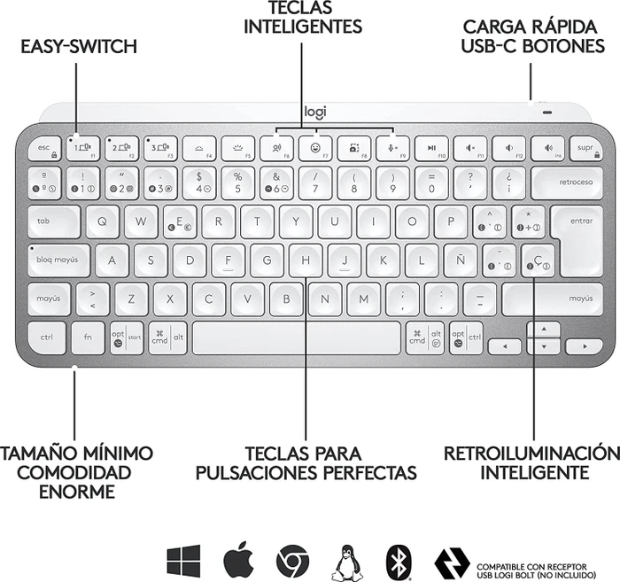 Logitech MX Keys Mini, LEDs weiß, Logi Bolt, Pale Gray, weiß/grau, USB/Bluetooth, ES