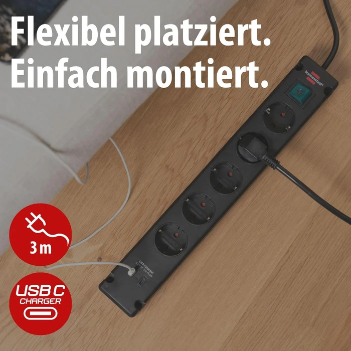 Brennenstuhl Bremounta mit Schalter, 5-fach, mit 2x USB-C, 3m, schwarz