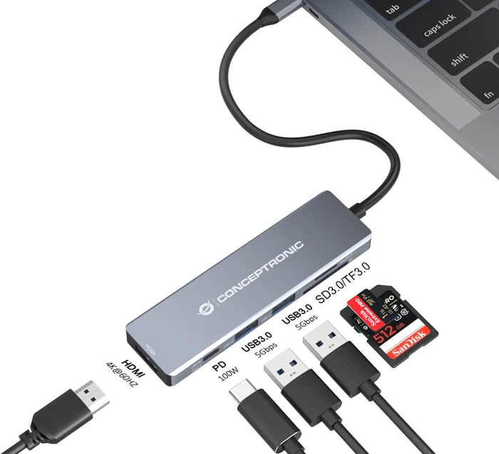 Conceptronic 6-in-1 Dockingstation, USB-C 3.0 [Stecker]