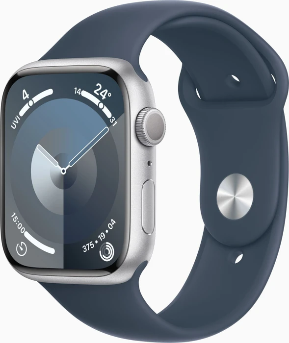 Apple Watch Series 9 (GPS) 45mm Aluminium silber mit Sportarmband M/L sturmblau