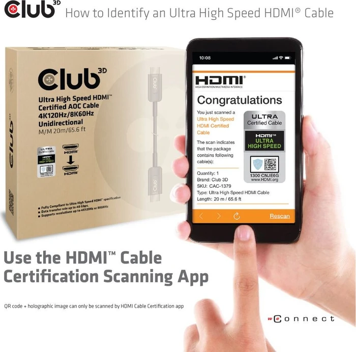 Club 3D Ultra High Speed HDMI 2.1 Kabel 4K120Hz, 8K60Hz, 48Gbps zertifiziert, 20m