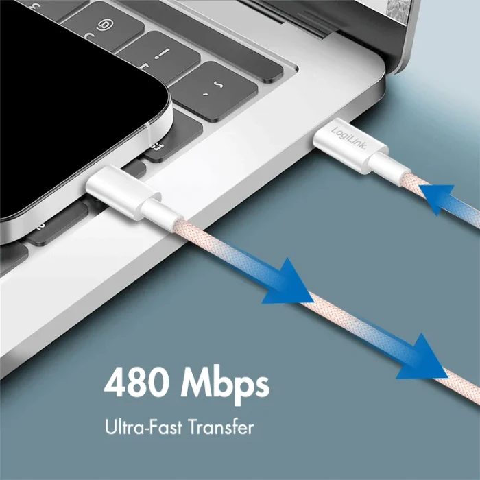 LogiLink USB-C Kabel, USB 2.0, 480Mb/s, 60W PD, USB-C Stecker auf USB-C Stecker, Nylon, pink, 1m