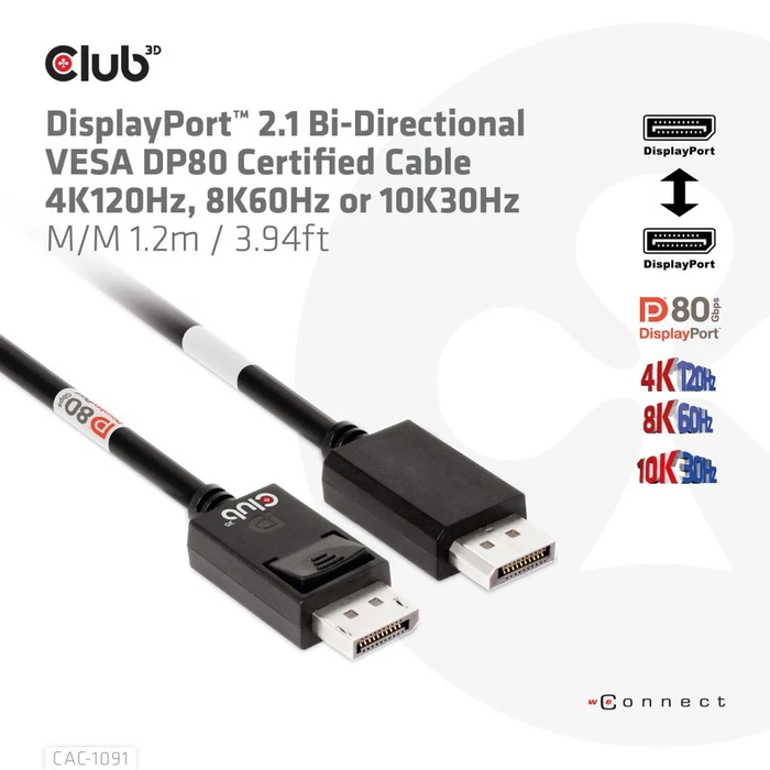 Club 3D DisplayPort 2.1 Kabel DP80 schwarz, 1.20m