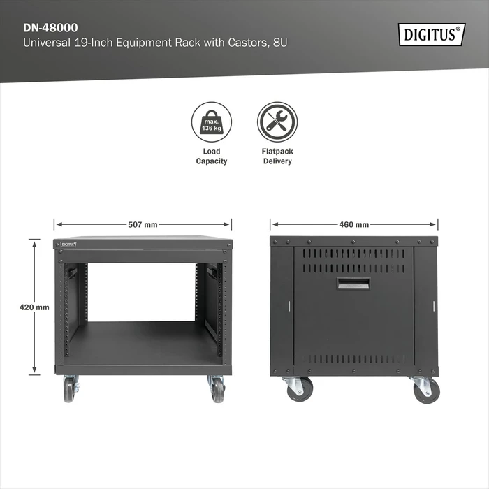 Digitus Audio Video Rack 19" AVS/Equipment Rack 8HE, mit Rollen, unmontiert, RAL 9005, 460mm tief