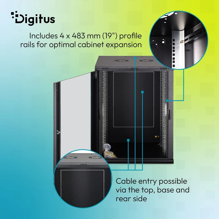 Digitus Dynamic-N Serie 19" Wandgehäuse 16HE, unmontiert, Sicherheitsglastür, IP2X, RAL 9005, 600mm tief