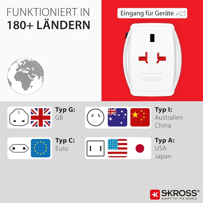 Skross World Travel Adapter MUV USB AC65PD, 1x USB-A, 1x USB-C, mit USB-C Kabel, weiß