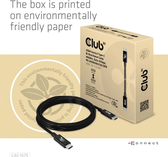 Club 3D USB-C 3.2 Kabel, 20Gb/s, 4K60Hz, 240W PD EPR, USB-C 3.2 Stecker auf USB-C 3.2 Stecker, 2m