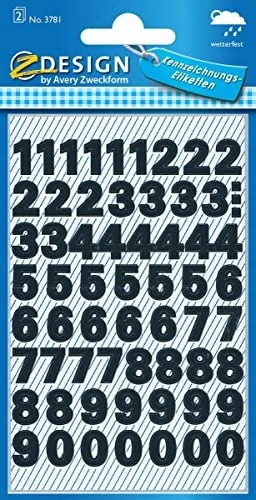 Avery-Zweckform Zahlenetiketten, 76x120mm, wetterfest, schwarz, 2 Blatt (126 Etiketten)