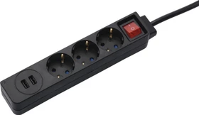 Hama Steckdosenleiste mit Schalter, 3-fach, 2x USB, 1.4m, schwarz