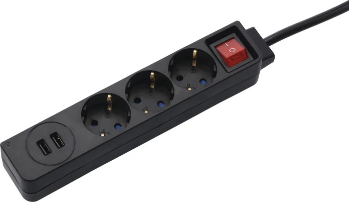 Hama Steckdosenleiste mit Schalter, 3-fach, 2x USB, 1.4m, schwarz