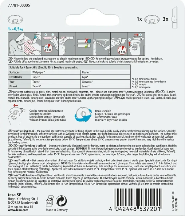 tesa Powerstrips Deckenhaken Tapete/Putz rund weiß, 1 Stück