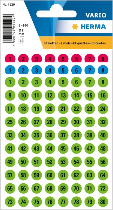 Herma Zahlenetiketten 1-160 rund, 8mm, schwarz, 10er-Pack (4800 Etiketten)