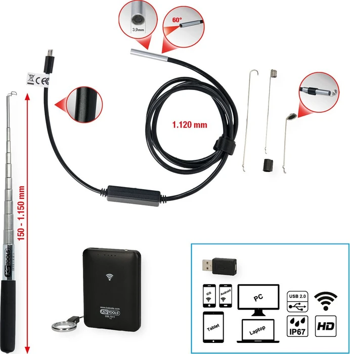 KS Tools Wi-Fi-Videoskop Akku-Inspektionskamera inkl. Akku 0.8
