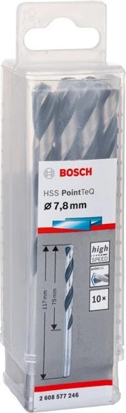 Bosch Professional HSS PointTeQ Spiralbohrer, 7.8x75x117mm, 10 Stück