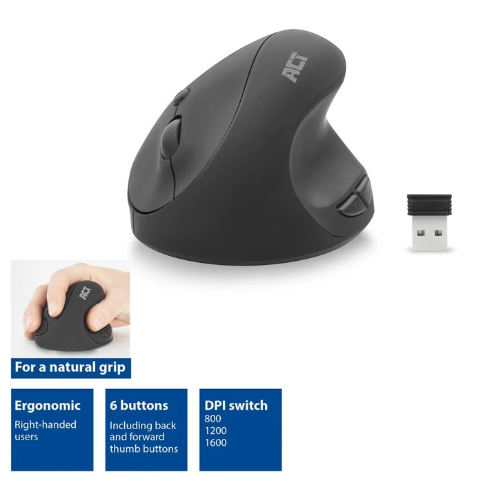 Act Wireless Ergonomic Mouse 1600dpi, schwarz, USB