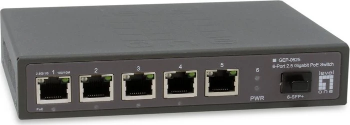 LevelOne GEP Desktop 2.5G Switch, 5x RJ-45, 1x SFP+, 65W PoE++