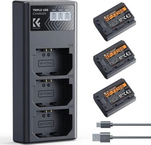 K&F Concept NP-FZ100 3-Slot-Ladegerät mit 3 Akkus