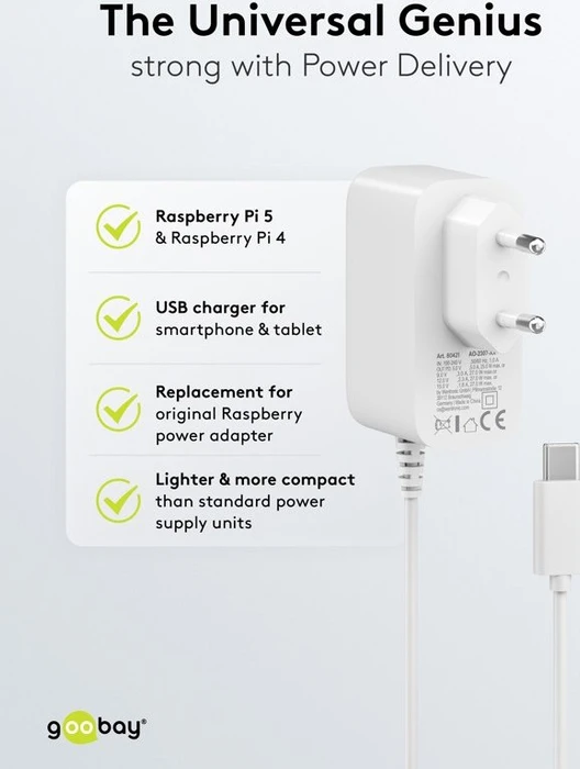 goobay Netzteil für Raspberry Pi 5, 27W, weiß