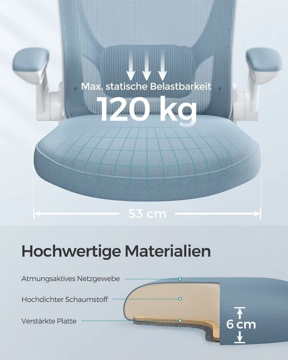Songmics Bürostuhl ergonomisch mit Amrlehnen, nebelblau