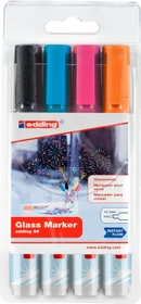 edding 95 Glasmarker schwarz/hellblau/pink/orange, 4er-Set, Etui mit Aufhängelasche