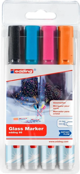 edding 95 Glasmarker schwarz/hellblau/pink/orange, 4er-Set, Etui mit Aufhängelasche