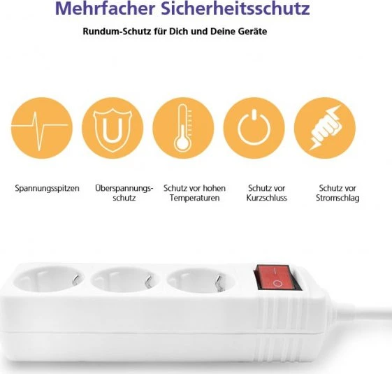 Helos CLASSIC Steckdosenleiste mit Schalter, 3-fach, 1.5m, weiß
