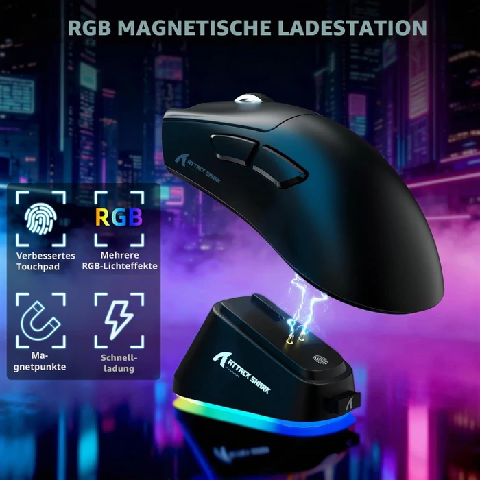Attack Shark V3 PRO Tri-mode Wireless Gaming Mouse mit Ladestation, schwarz, USB/Bluetooth