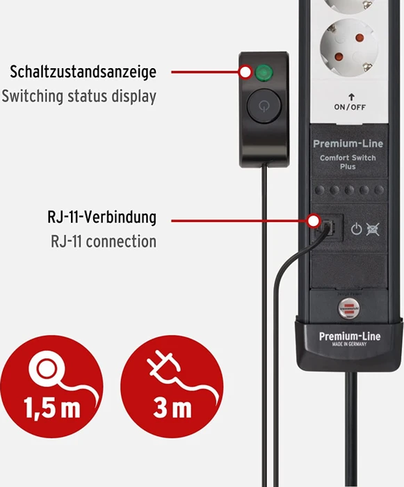 Brennenstuhl Premium-Line Comfort Switch Plus, 6-fach, 6x schaltbar, 3m, schwarz/hellgrau