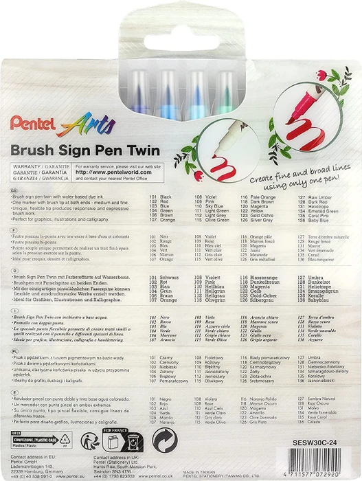 Pentel Brush Sign Pen Twin SESW30C sortiert, 24er-Set