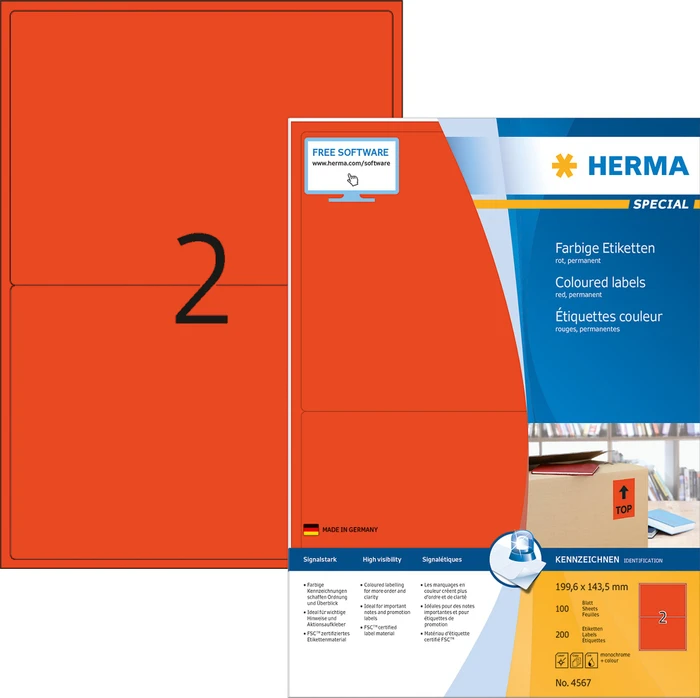 Herma Etiketten, 199.6x143.5mm, rot, 100 Blatt (200 Etiketten)