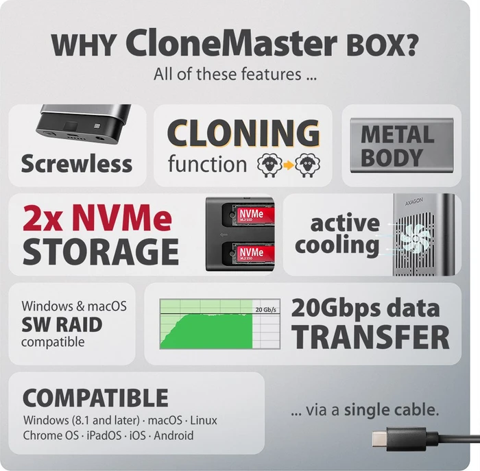 Axagon M.2 PCIe Clone Master Dockingstation, USB-C 3.2