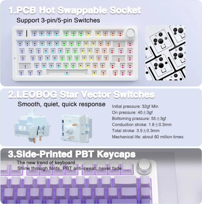 Aula F75 Pro, Gradient Purple, LEDs RGB, hot-swap, LEOBOG Seiya Star Vector, USB/Bluetooth, US