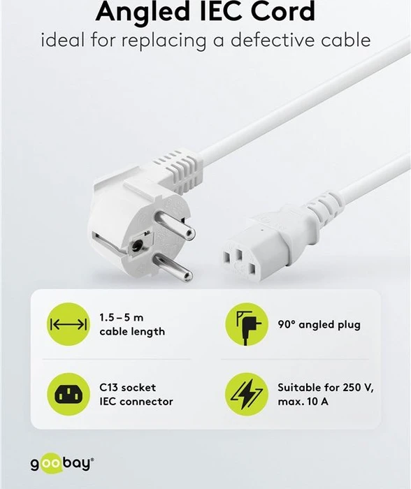 Wentronic Goobay Kaltgeräte Netzkabel, Schutzkontakt auf Kaltgerätestecker C13, gewinkelt, weiß, 3m