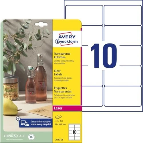 Avery-Zweckform Etiketten mit Spezialbeschichtung, 96x50.8mm, transparent, 25 Blatt (250 Etiketten)