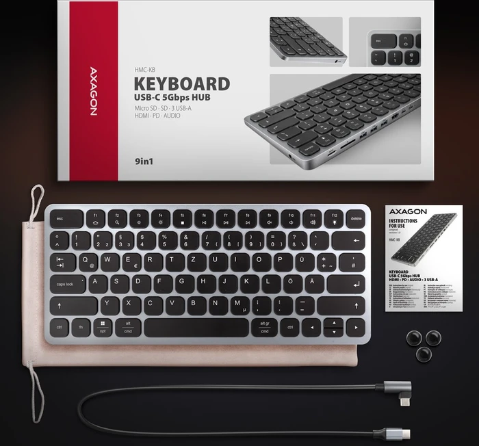 Axagon 9in1 Keyboard Hub, Docking Station mit Tastatur, USB-Hub, Dual-Slot-Cardreader, DE, USB-C 3.0 [Buchse]