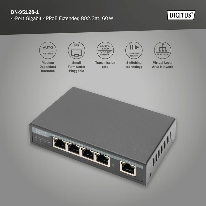 Digitus Desktop Gigabit PoE-Extender, 5x RJ-45, 85W PoE++ PD