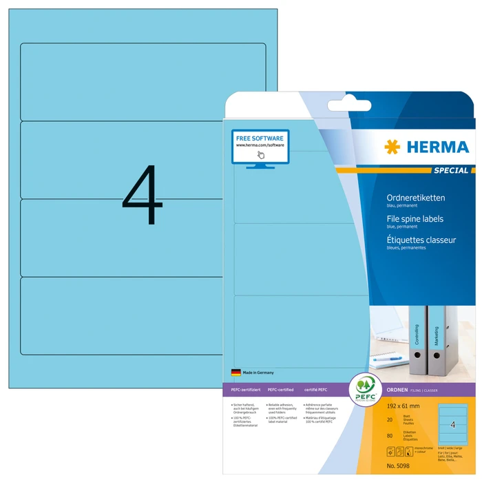 Herma Ordneretiketten, 192x61mm, blau, 20 Blatt (80 Etiketten)