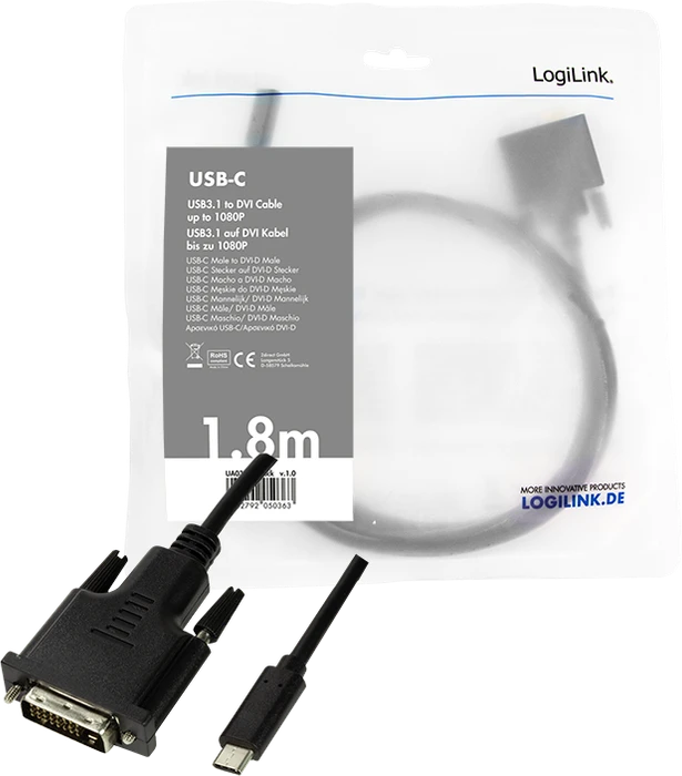 LogiLink USB-C [Stecker] auf DVI [Stecker] Adapterkabel schwarz, 1.8m