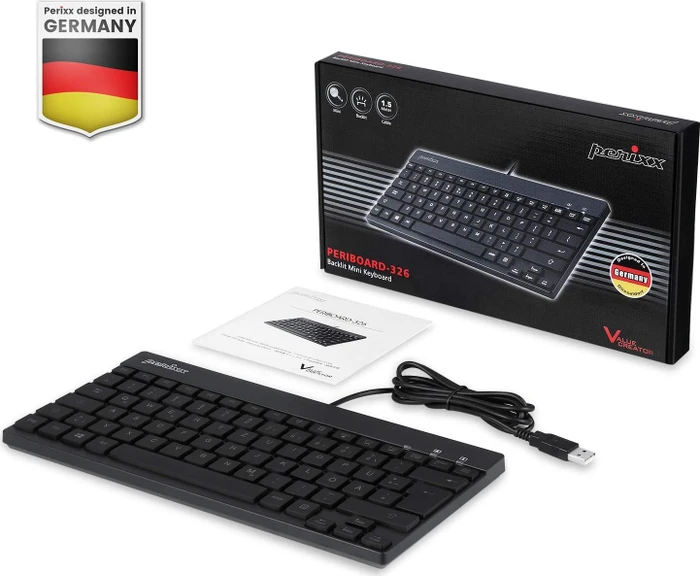 Perixx Periboard-326 Mini, LEDs weiß, schwarz, USB, UK