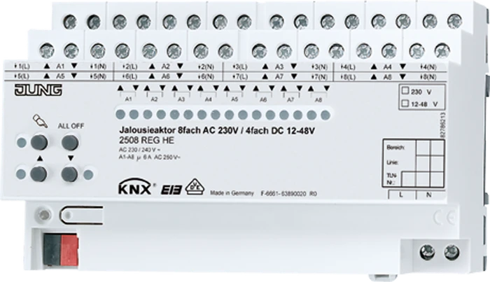 Jung KNX Jalousieaktor 8-fach 230V/4-fach 48V, 8TE REG, Schaltaktor