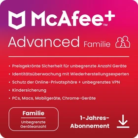 McAfee McAfee+ Advanced Family, 1 Jahr, ESD (multilingual) (Multi-Device) (MPA31MNRURDACD)