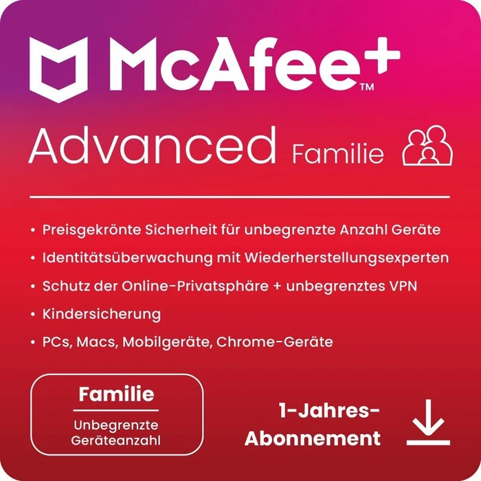 McAfee McAfee+ Advanced Family, 1 Jahr, ESD (multilingual) (Multi-Device)