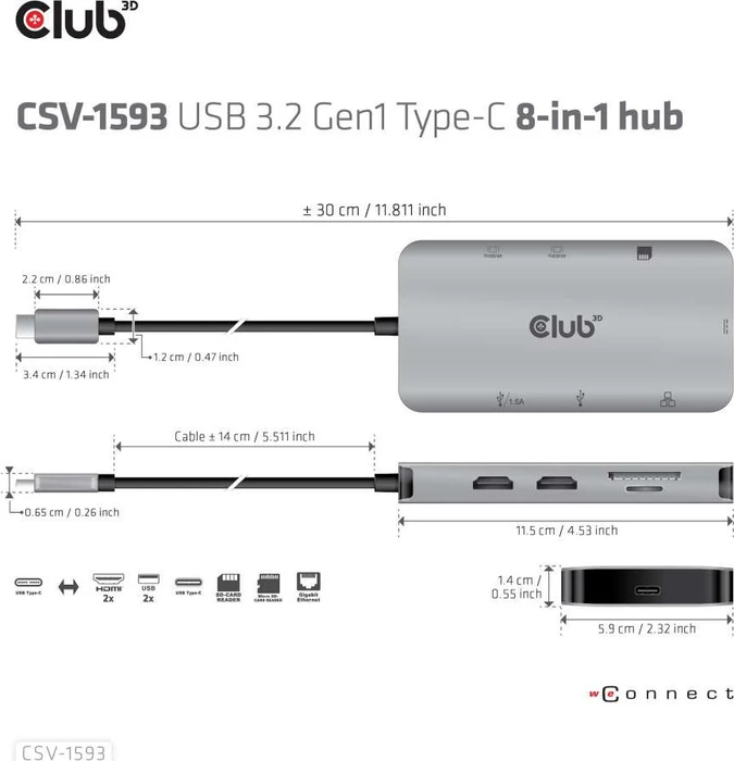 Club 3D 8in1 Hub, USB-C 3.0 [Stecker]