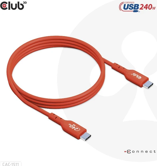 Club 3D USB-C 2.0 Kabel, 480Mb/s, 240W PD EPR, USB-C 2.0 Stecker auf USB-C 2.0 Stecker, 1m