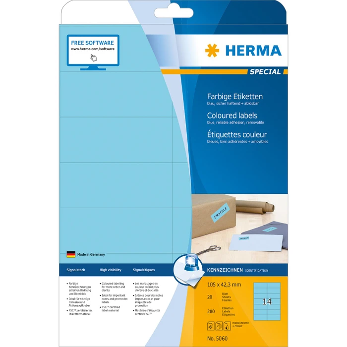 Herma Etiketten, 105x42.3mm, ablösbar, hellblau, 20 Blatt (280 Etiketten)