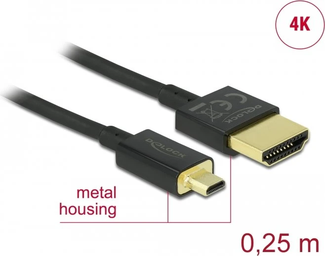 DeLOCK Slim 4K High Speed mit Ethernet HDMI 2.0 Kabel Typ-A/Typ-D Micro, 0.25m