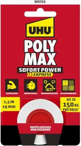UHU Poly Max Doppelband weiß, Klebeband, 19mm/1.5m, 1 Stück