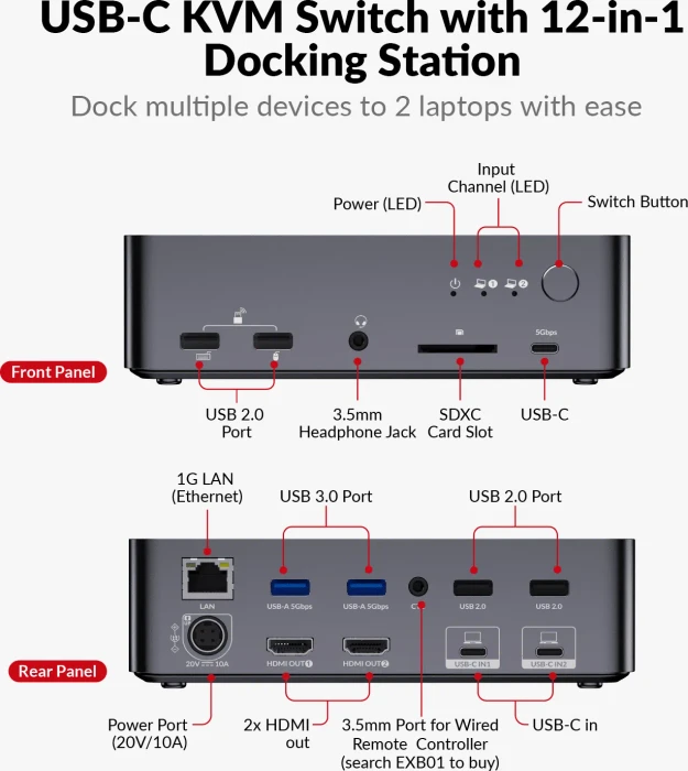 AV Access iDock C20, USB-C KVM Docking Station, 12-in1, for 2 Laptop, 4K@60Hz Dual Monitor, 2-fach KVM-Switch